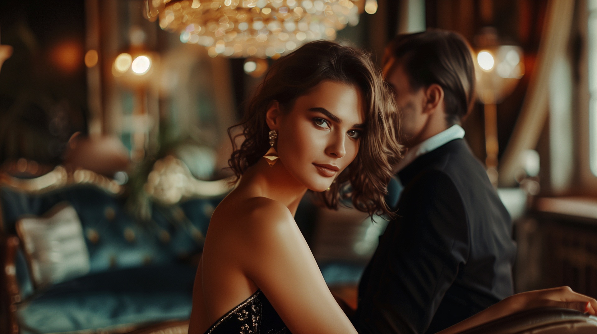 Frau in edlem Kleid mit Mann im Hintergrund | Escort Berlin